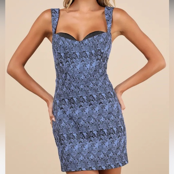 Lulus Size Large Blue Jacquard Floral Mini Cocktail Bustier Sleeveless Dress - Picture 1 of 12